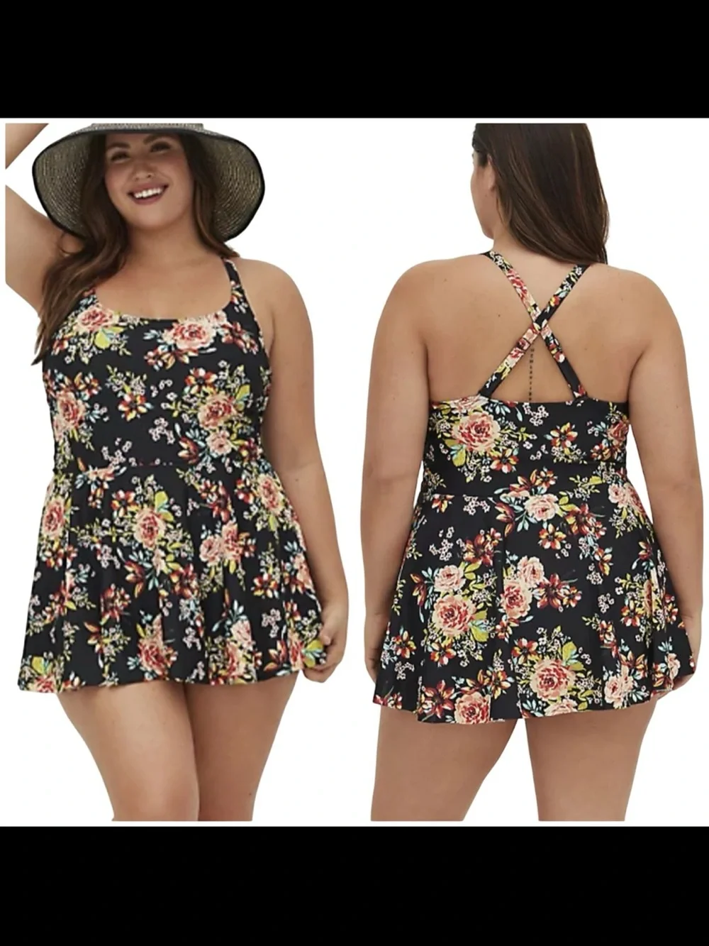 Floral Tank One-Piece Swimsuit in Black